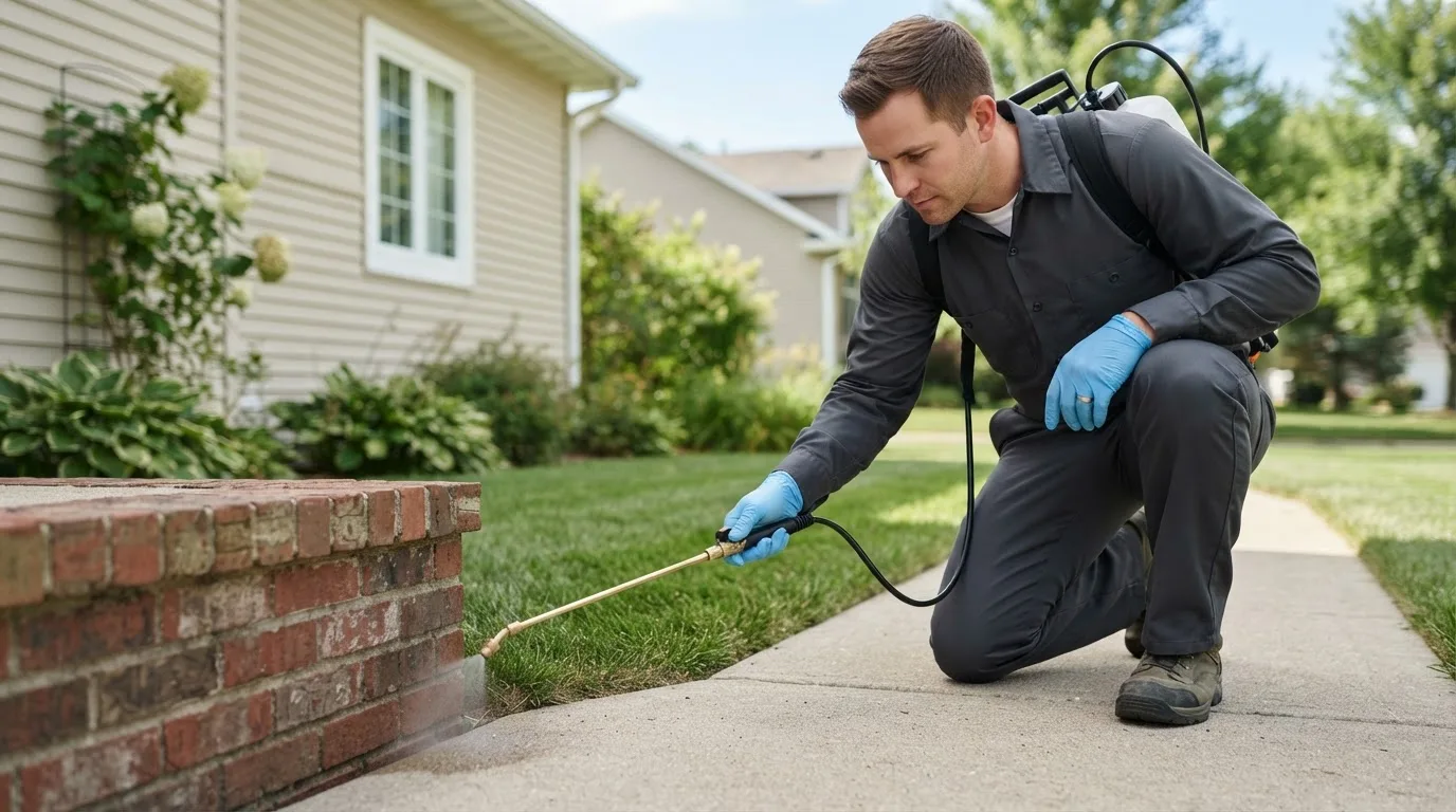 Pest control technician treating a home near Norman, OK